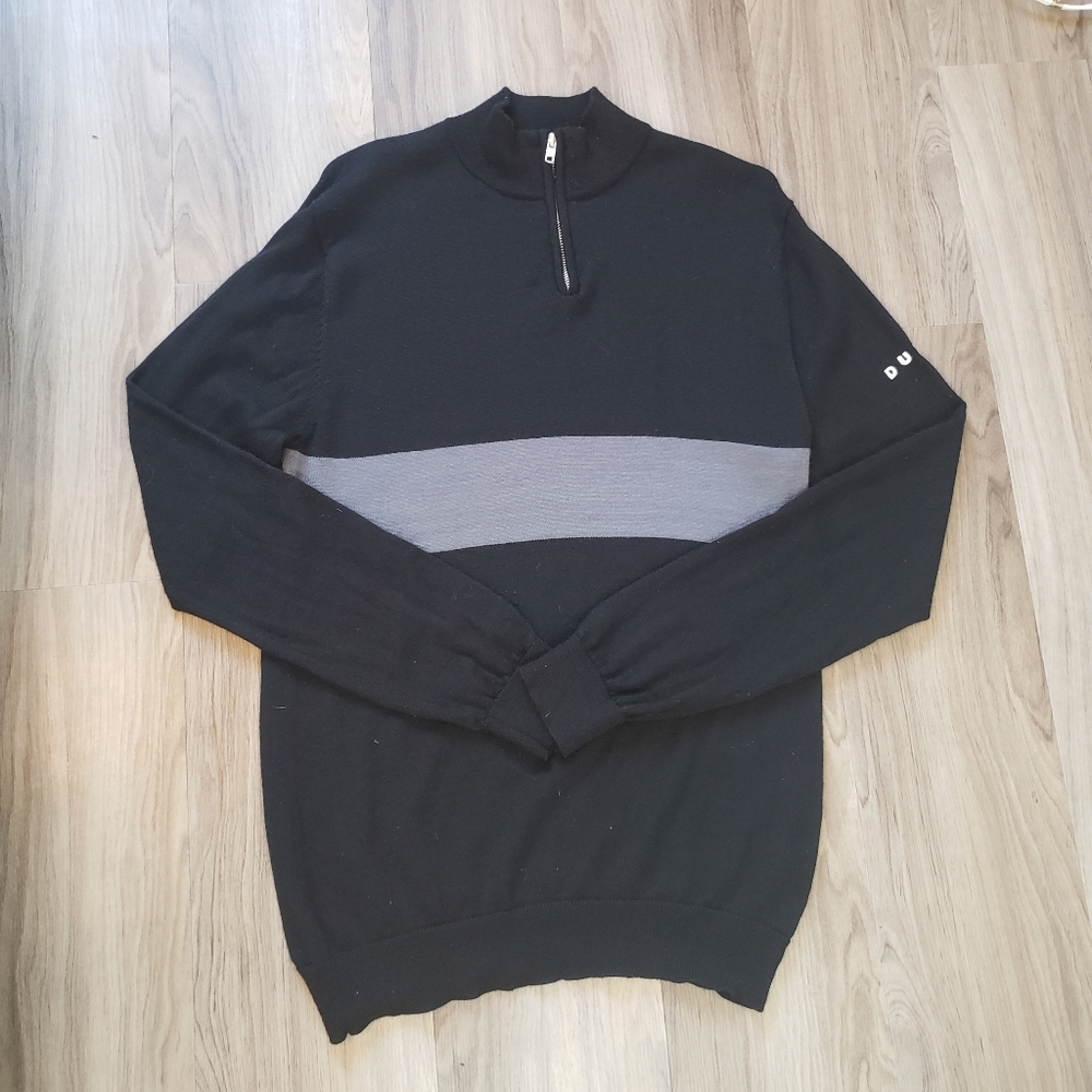 Dunning Mens 100% wool 1/4 zip pullover sweater black with gray stripe medium